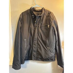 Structure Mens Moto Jacket Black Belted Collar Quilted Shoulder Size XL
